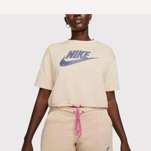 Nike Women's Cream Cropped Logo Tee with Blue Swoosh